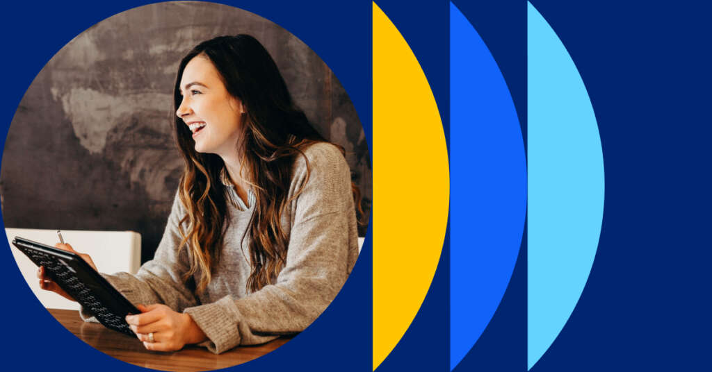 Decorative image of a person looking at a tablet and smiling